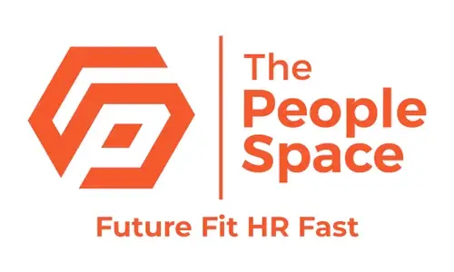 Orange logo with a geometric hexagon design on the left. On the right, orange text reads The People Space above the tagline Future Fit HR Fast on a white background.