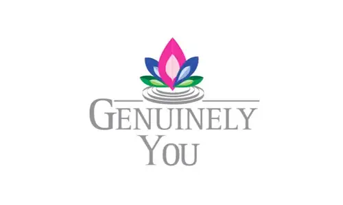Logo with the text Genuinely You in grey below a stylised, multicoloured flower with pink, blue, and green petals, set above grey circular ripples.